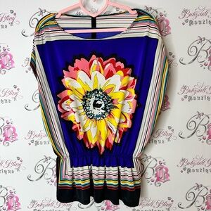 Isabella Rodriguez top peplum striped flower Blue Floral Stripe Blouse